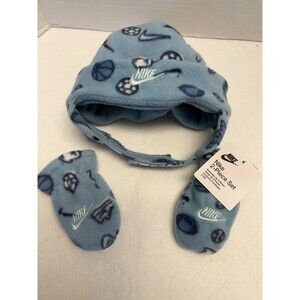 Baby/Toddler Nike Swoosh Fleece Trapper Hat & Mitten Glove Set Blue 12-24mos New